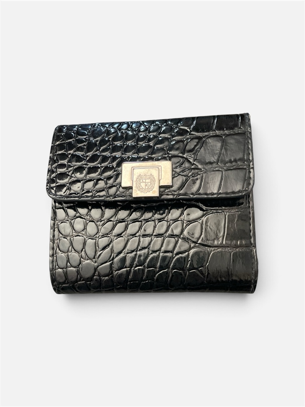 Liz Claiborne Black Croc-Embossed Bi-Fold Wallet with Silver-Tone Crest Clasp